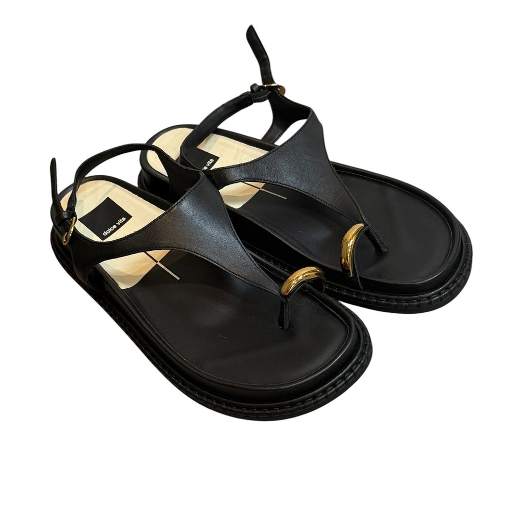 Dolce Vita Black Leather Thong Slingback Sandals Gold Hardware Platform Womens